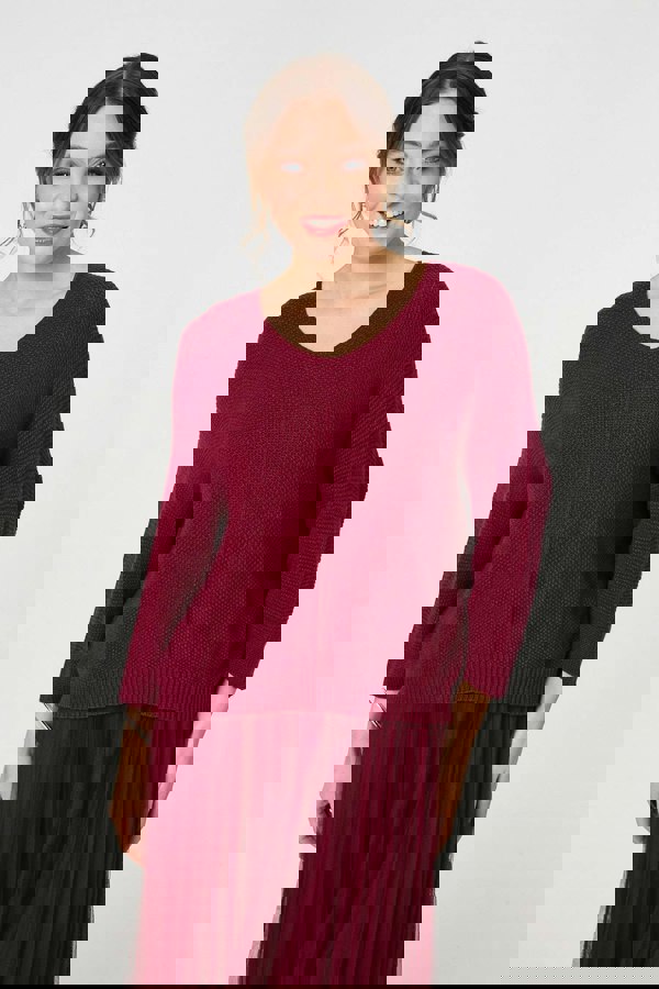 Burgundy | Layered Knit Top Mesh Pleated Midi Dress