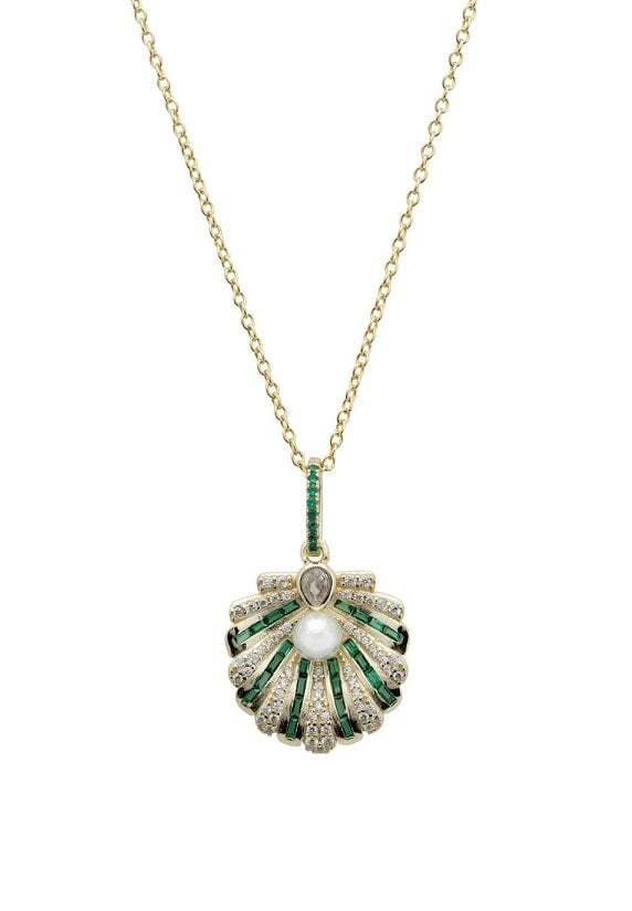 Latelita Art Deco Scallop Shell Pendant Necklace Emerald Green With Pearl Gold