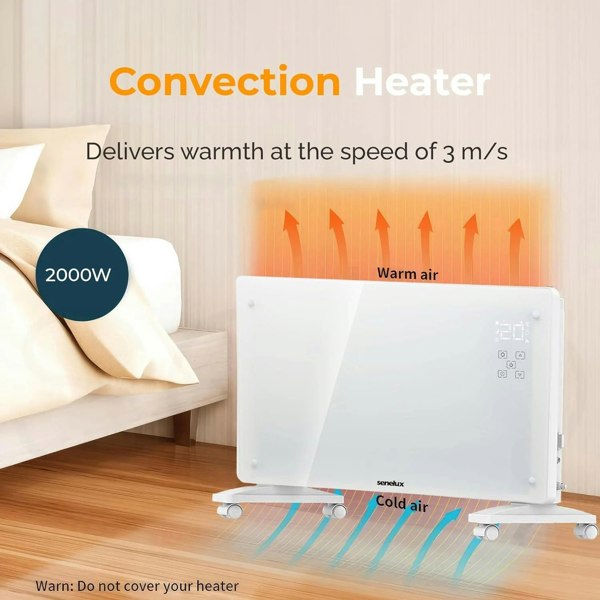 Senelux Panel Heater with Wifi Controls | Wall Mounted or Free Standing with Wheels - White Glass