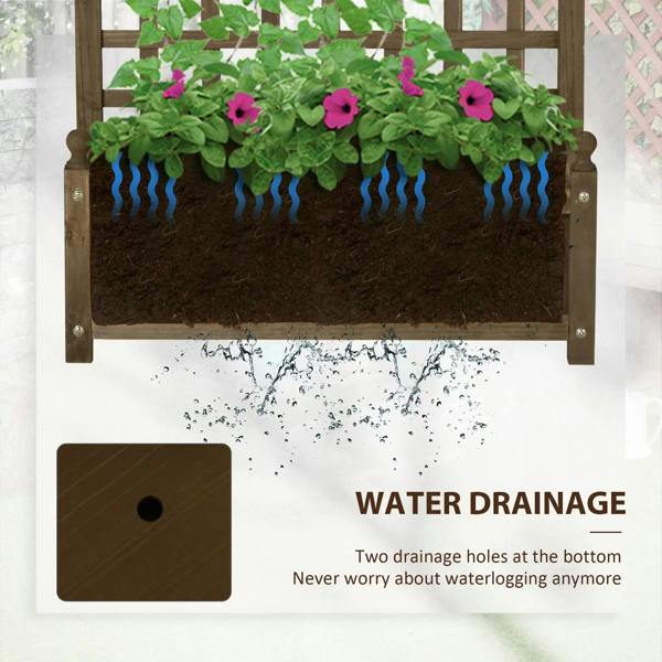 Brown wooden raised planter with trellis grid and soil bed, pink blooming flowers