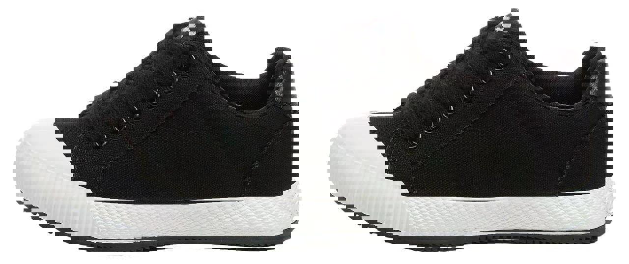 Rocket Dog Cheery Low Womens Casual Lace Up Canvas Shoes Trainers, black low-top canvas sneakers with white rubber sole and black laces.