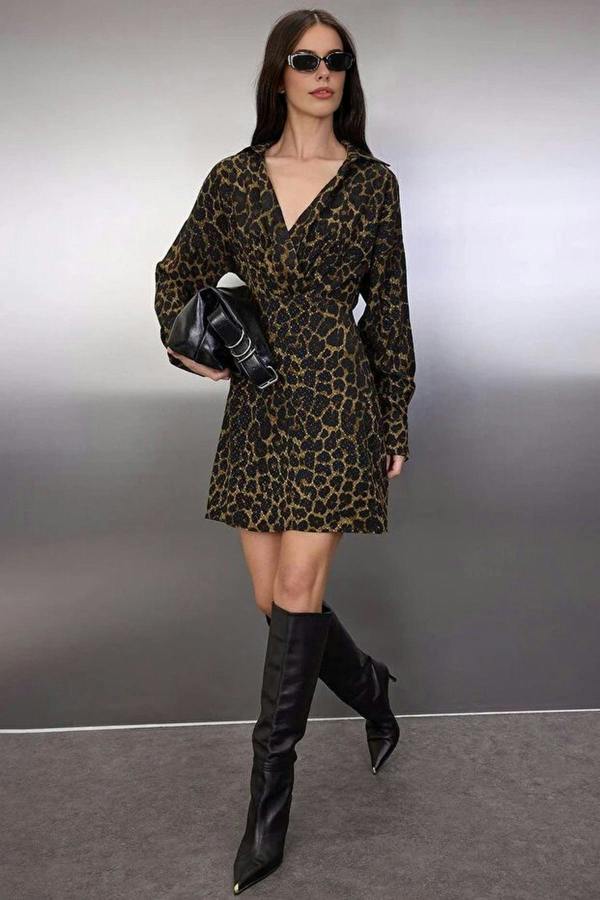 WOVCOR Animal Print Double-Breasted Mini Woven Dress