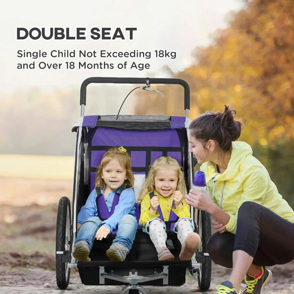 Purple baby bike trailer with seat for two children and 5-point harness