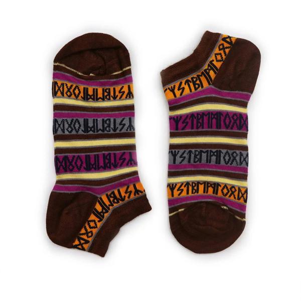 Brown low-cut bamboo socks with orange, yellow, and purple rune stripe pattern