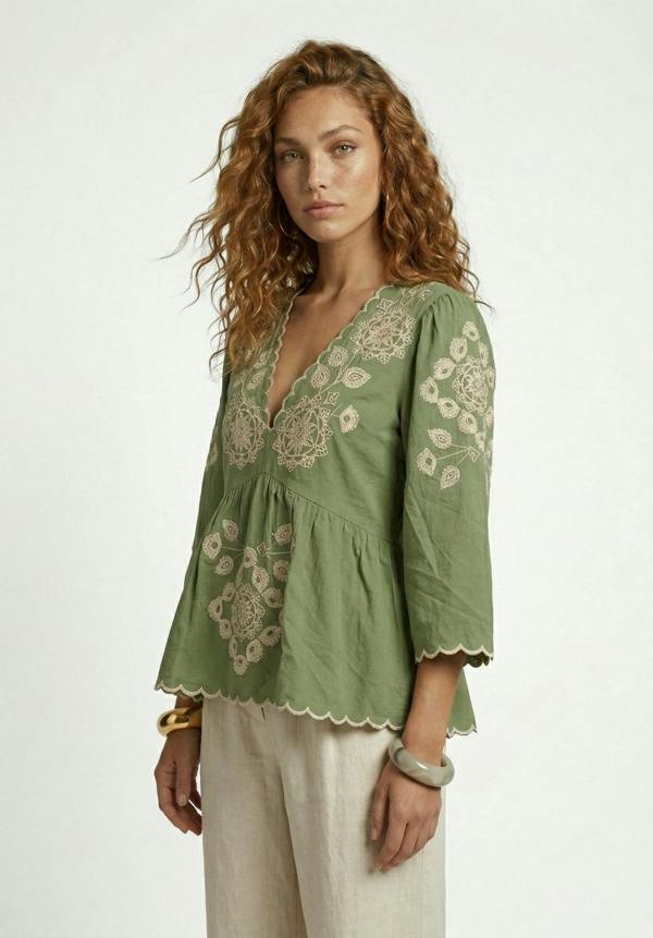Raffya Aubrey V-Neck Embroidered Blouse In Green