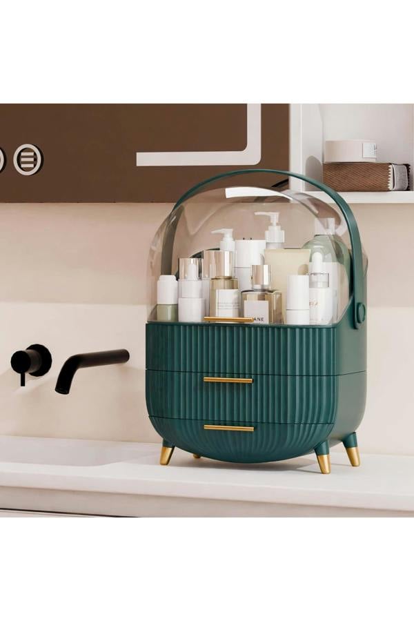 Dyzi Green & Clear Dustproof Makeup Organizer with 2 Drawers & Handle