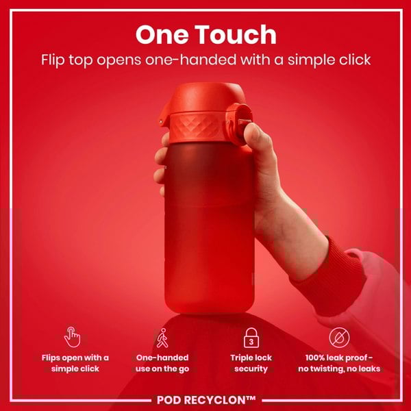 A red water bottle is being held. Its flip top opens one-handed with a click. The background is red. POD RECYCLON™ is displayed at the bottom.