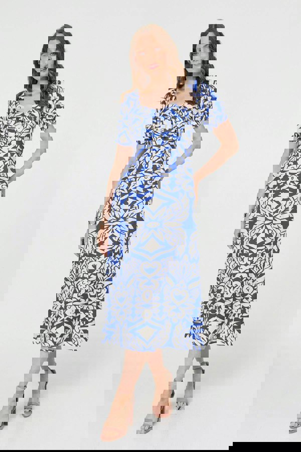 Blue | Printed Puff Sleeve A-Line Midi Dress
