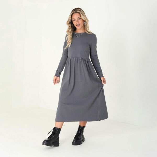 Brave Soul Grey Cotton Long Sleeve Midi Smock Dress - Grey Image 1