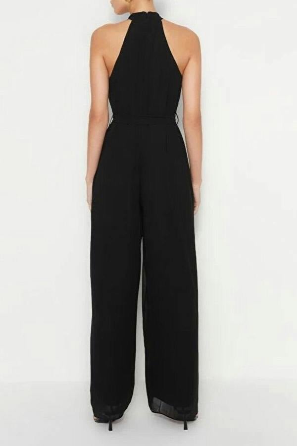 WOVCOR Belted Maxi Chiffon Lined Woven Jumpsuit
