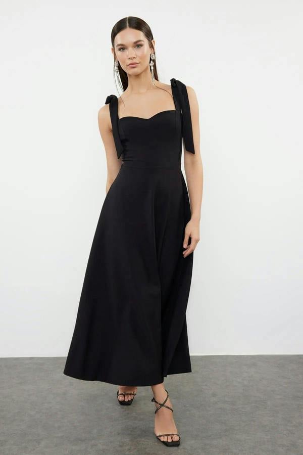 Hoxton Gal Elegant Woven Midi A-Line Dress with Tie-Strap Detail