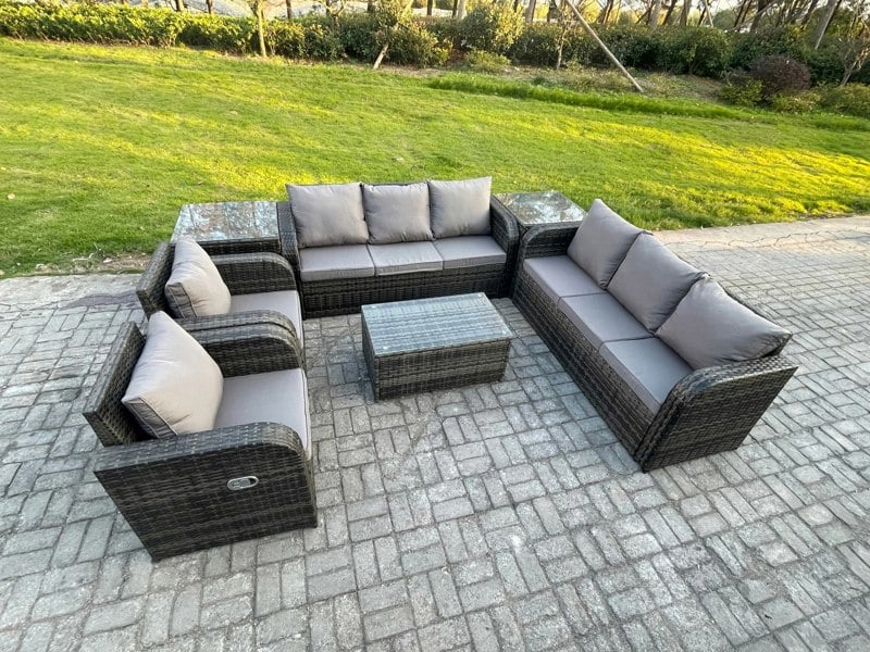 Fimous Rattan Outdoor Garden Furniture Sofa Set Patio Table & Chairs Set with 3 Seater Sofa Reclining Chair 2 Side Tables Dark Grey Mixed