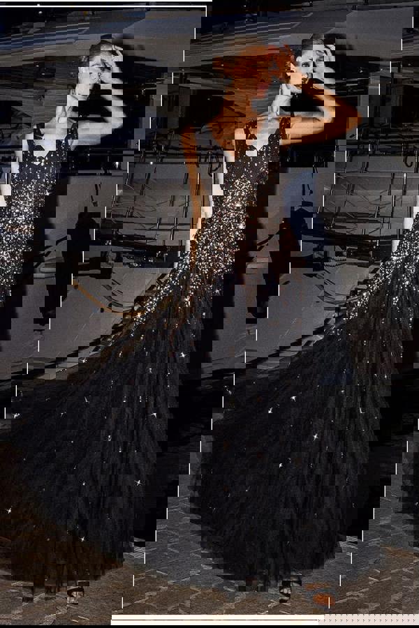 Sunray Hand Embellished Sequin A-Line Sleeveless Maxi Dress - Black DR2882