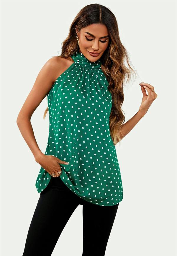 FS Collection Polka Dot Print Halter Neck Tie Back Top In Green