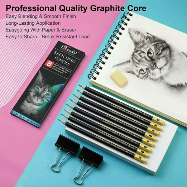 Drawlish Sketch Pencils For Drawing Set of 8 - 2B 12B 10B 5B 3B HB H 6H Arts Pencils
