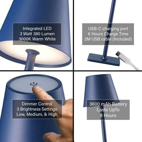 Tall Navy Blue Rechargeable Touch Dimmable Table Lamp with Metal Shade Image 4