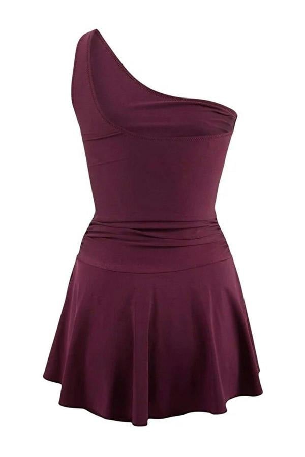 WOVCOR One-Shoulder Covered Short Skirt Basic Swimsuit