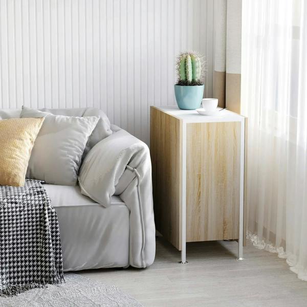 Oak and white foldable drop-leaf side table with storage cabinet and open shelf
