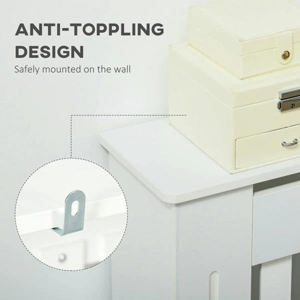 White radiator cover cabinet with anti-toppling wall mount bracket detail.