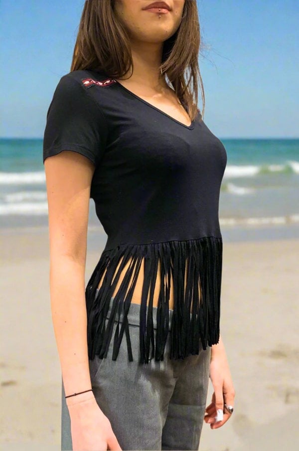 Handmade Stories Upcycled black festival fringe top