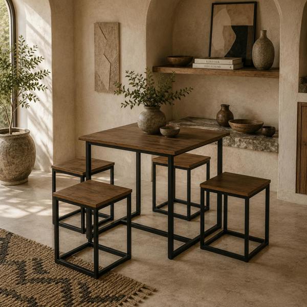 Wyld Haus Sajonia Metal And Wooden Brown 5 Piece Industrial Dining Table And Stool Set