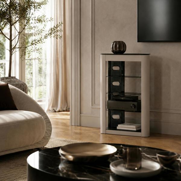 Homeology ZINNIA 5-Tier Entertainment Media Stand Black Glass Shelves & Greige Facia Audio Rack Stylish Home Theater Storage