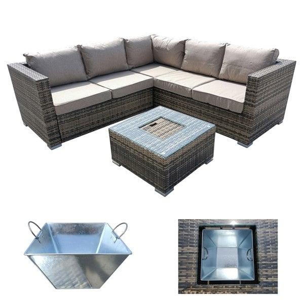 Furniture One Garden Rattan Patio Corner 5 Seater Sofa with Ice Bucket Coffee Table, Padded Wicker Patio All Weather Set