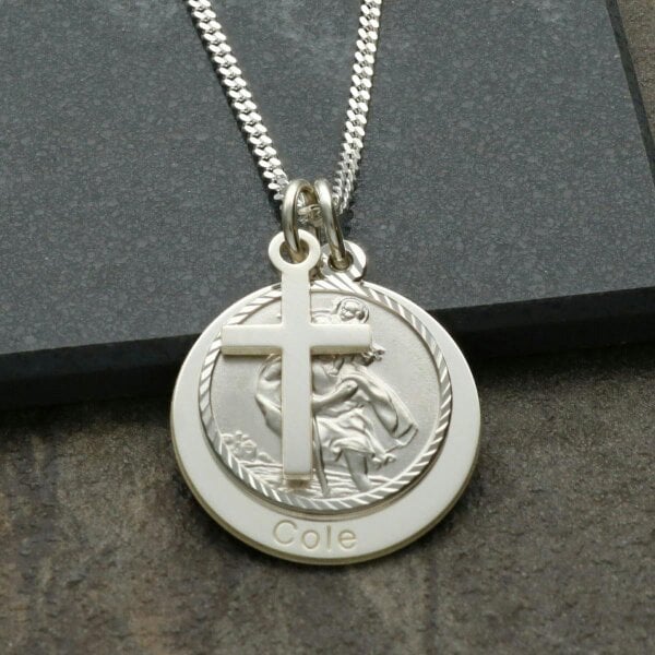 Christopher James of London Sterling Silver Personalised St Christopher With Travellers Prayer Disc, Cross & Optional Engraving