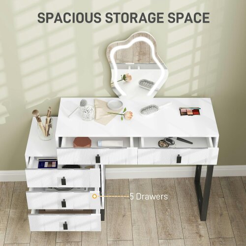 Wyld Haus Nalomo White Vanity Desk With Leaf ShaFauxd Mirror 5 Drawers And 3 Colour LED Lighting