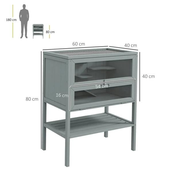 Grey 3-tier wooden hamster cage with openable top, side panels, and lower platform