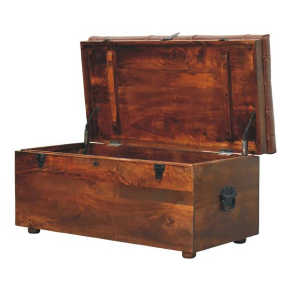 Artisan Furniture Solid Wood Brown Buffalo hide leather Storage Trunk