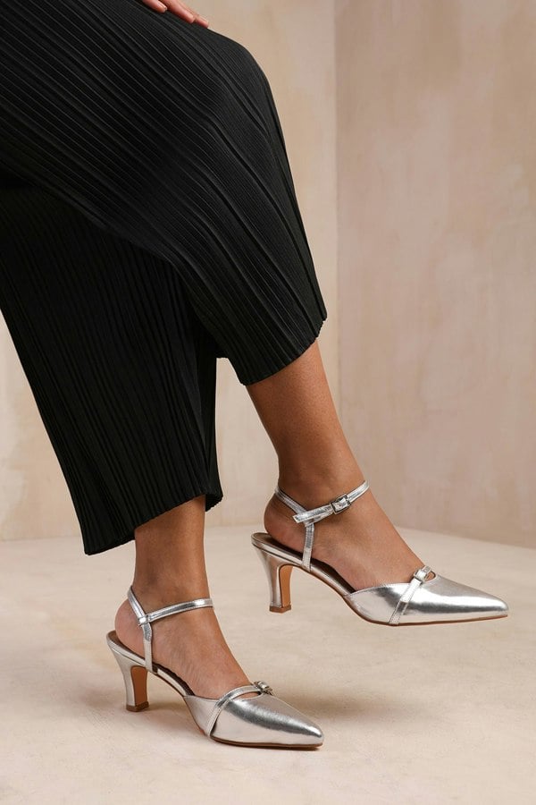 Where's That From Memphis Wide Fit Low Heel With Multi Buckle Detail in Silver