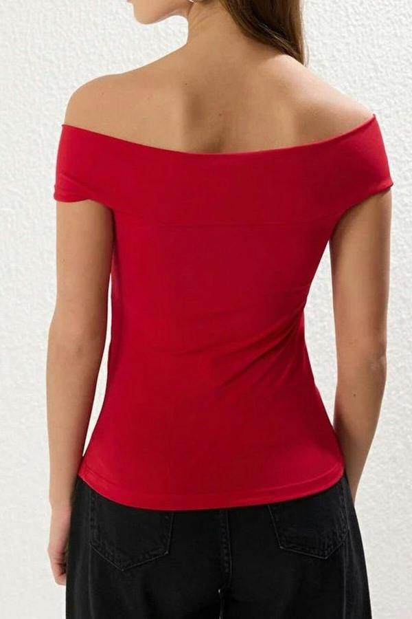 WOVCOR Fitted Stretch Knit Blouse with Rose Detail