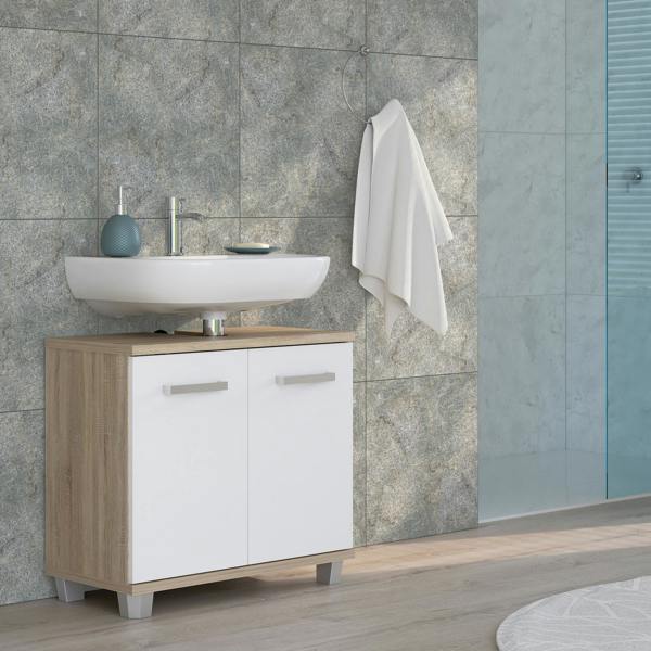 Furniture To Go Veris Under Sink Cabinet with 2 Doors in Sonoma Oak and White High Gloss