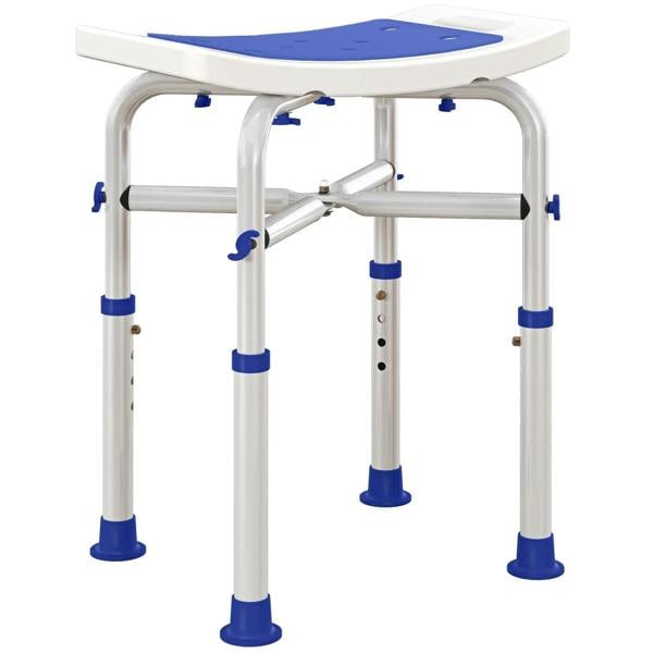 White shower/bath stool with aluminium frame and blue feet
