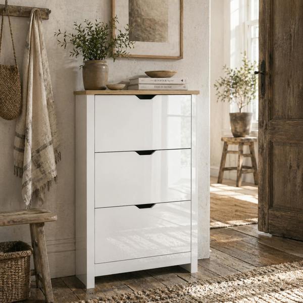 Wyld Haus Dorane Lake High Gloss White Slim Shoe Cabinet With 3 Flip Drawers