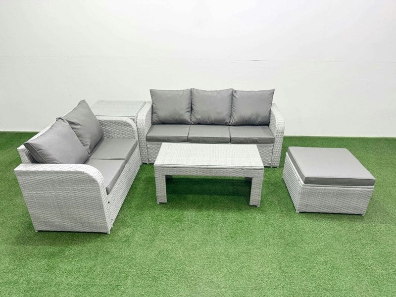 Fimous 6-Seater PE Rattan Outdoor Sofa Set | Oblong Coffee Table, 3-Seater Sofa, Loveseat, Large Footstool, Side Table