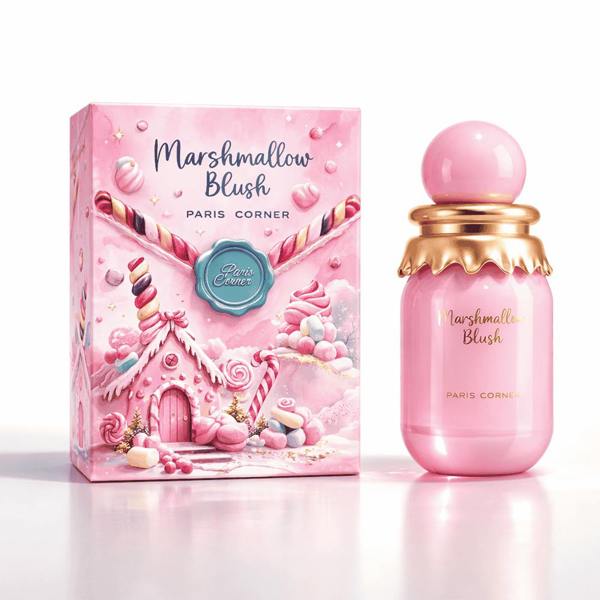Paris Corner Marshmallow Blush Eau De Parfum pink perfume bottle with candy themed packaging box for women