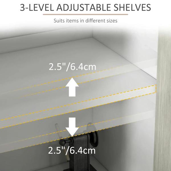 Sideboard cabinet interior with adjustable three-level shelves, showing clearance markings