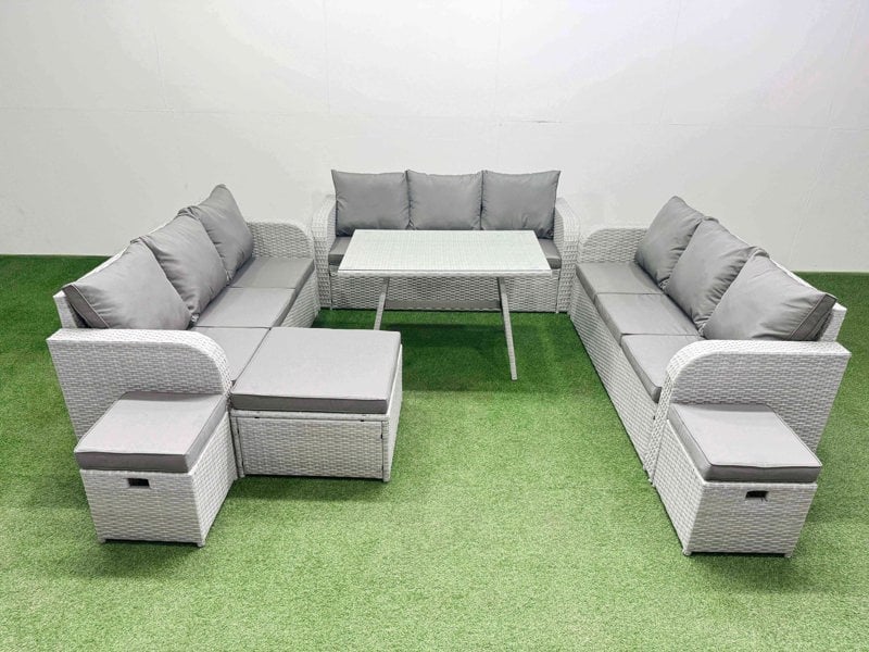 Fimous 12 Seat Outdoor PE Rattan Garden Furniture with Cushions 3 Seater Sofa 3 Stool Light Grey