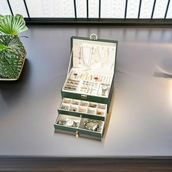 Modcraft Large 3 Layer Green Jewelry Box Organizer with Lock Necklace Storage Cabinet