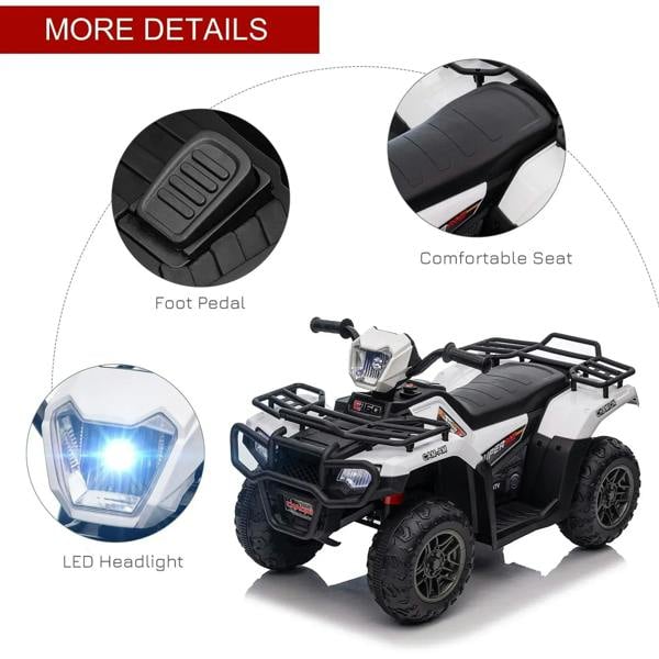 Kids ride-on quad bike with comfortable black seat, foot pedal, and LED headlight closeup.