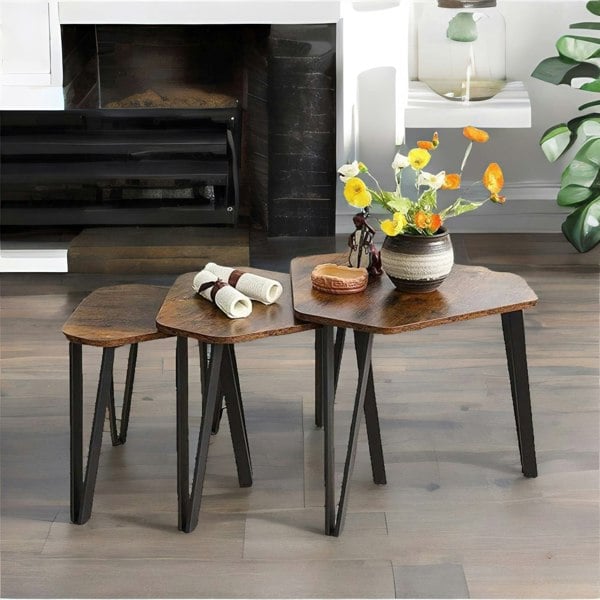 Rafaelo Mobilia Set Of 3 Industrial Nesting Tables Rustic Brown