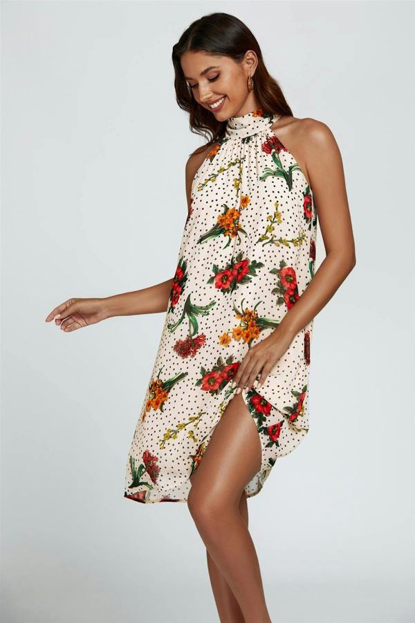 FS Collection Floral Print Halter Neck Tie Back Mini Dress In Off White