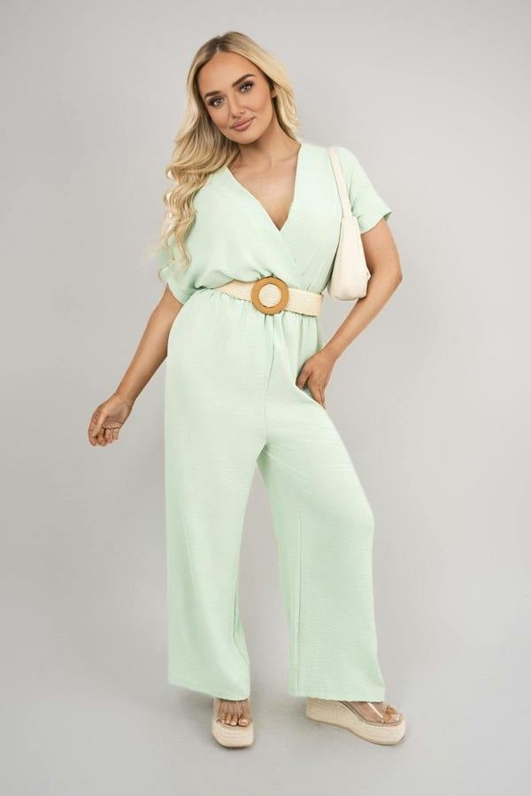 Ailina V Neck Short Sleeve Wide Leg Jumpsuit With Woven Belt - Mint