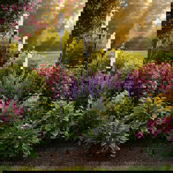 black landscape spike light installed in a garden border 