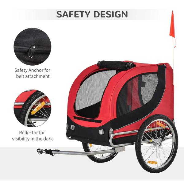 Red and black pet bike trailer with reflectors, safety anchor, and rear wheel