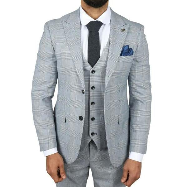 Infinity Leather Men's Blue Checked 3 Piece Suit Tailored Fit Suit Formal Wedding