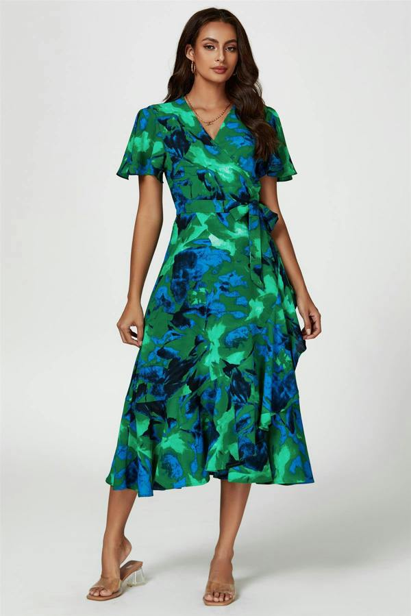 FS Collection Abstract Print Midi Wrap Dress In Green