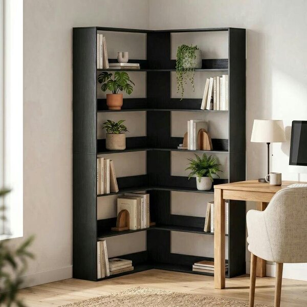 7 Tiers Bookshelf, L-Shaped Corner Bookcase with Anti-Slip Rear Guard, Black Wood Effect - Black Wood Effect